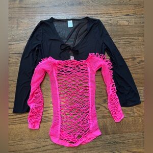 Festival Mesh Top Bundle, Small, Black Sheer Tie Top + Body Central Pink Fishnet